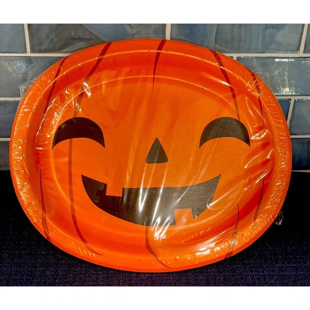 Pack of 8 Jack O Lantern Halloween Pumpkin Large Oval Paper Party Plates 10